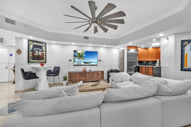 333 Las Olas Way Unit 405, Fort Lauderdale, FL 33301 - living room featuring recessed lighting, a ceiling fan, crown molding, and a tray ceiling