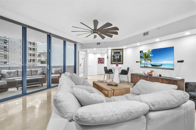 333 Las Olas Way Unit 405, Fort Lauderdale, FL 33301 - tiled living room with a ceiling fan, recessed lighting, and ornamental molding