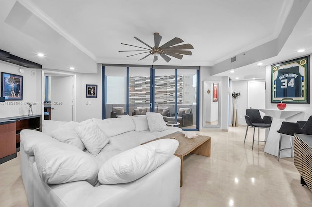 333 Las Olas Way Unit 405, Fort Lauderdale, FL 33301 - living room featuring bar with sink, ceiling fan, crown molding, a wall of windows, and recessed lighting