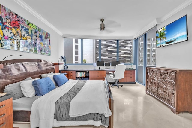 333 Las Olas Way Unit 405, Fort Lauderdale, FL 33301 - bedroom featuring a desk, crown molding, and a ceiling fan
