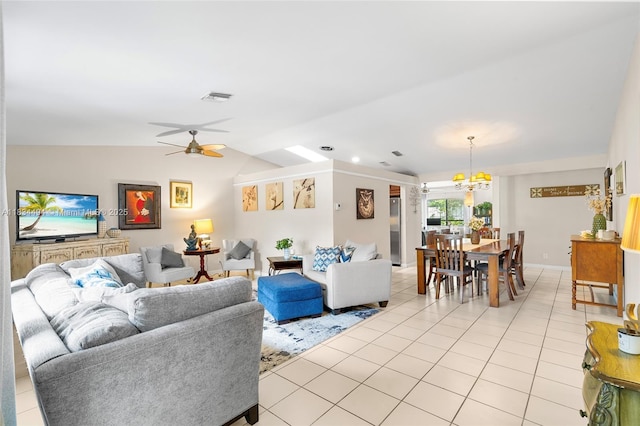 5001 SW 11th Cir, Margate, FL 33068 - living room featuring ceiling fan, a chandelier, lofted ceiling, light tile patterned floors, and recessed lighting