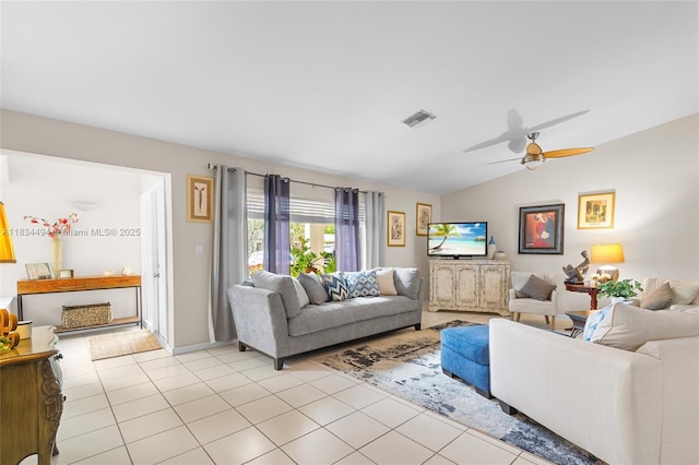 5001 SW 11th Cir, Margate, FL 33068 - living room featuring vaulted ceiling, ceiling fan, and light tile patterned floors