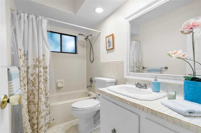 5001 SW 11th Cir, Margate, FL 33068 - full bathroom with vanity, shower / bath combo with shower curtain, tile walls, wainscoting, and recessed lighting