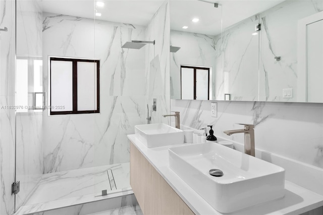 15121 SW 69th Ct, Palmetto Bay, FL 33158 - full bathroom with a marble finish shower, double vanity, marble finish flooring, and recessed lighting