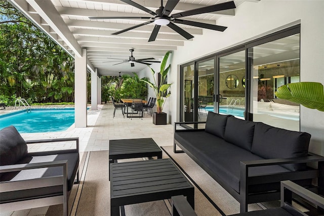 15121 SW 69th Ct, Palmetto Bay, FL 33158 - view of patio featuring outdoor lounge area, ceiling fan, an outdoor pool, and outdoor dining space