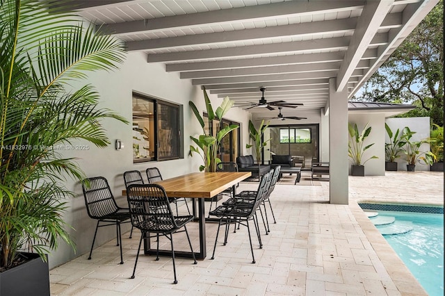 15121 SW 69th Ct, Palmetto Bay, FL 33158 - view of patio / terrace with ceiling fan, an outdoor pool, and outdoor dining area