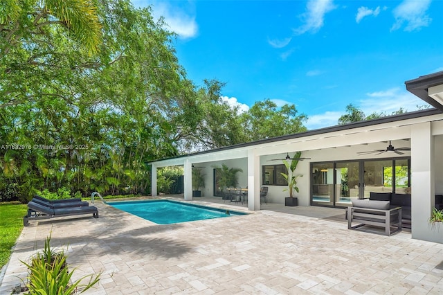 15121 SW 69th Ct, Palmetto Bay, FL 33158 - swimming pool featuring a ceiling fan, a patio, and an outdoor living space