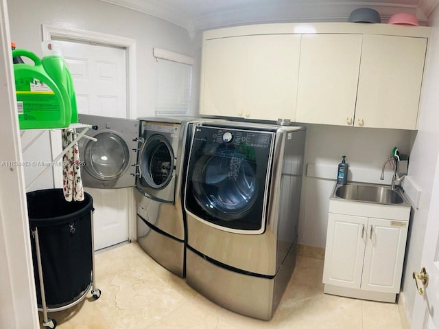8565 NW 168th Ter, Miami Lakes, FL 33016 - washroom with washing machine and dryer, crown molding, cabinet space, and light tile patterned flooring