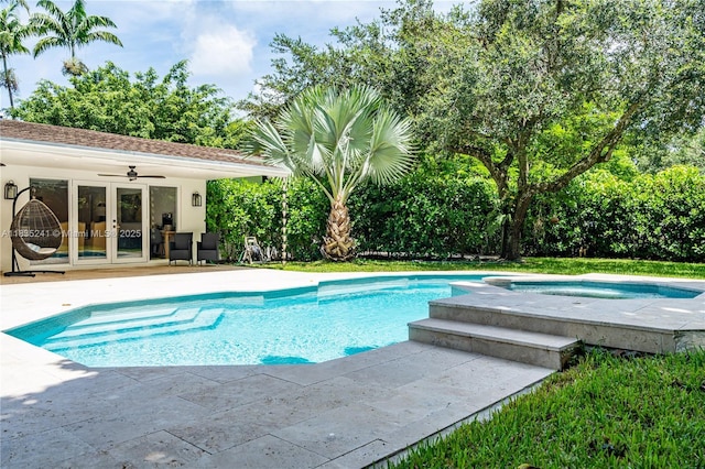 10821 SW 92nd Ave, Miami, FL 33176 - swimming pool with french doors, an in-ground hot tub, a patio area, and ceiling fan
