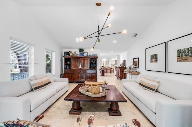 10821 SW 92nd Ave, Miami, FL 33176 - living room with a chandelier and high vaulted ceiling