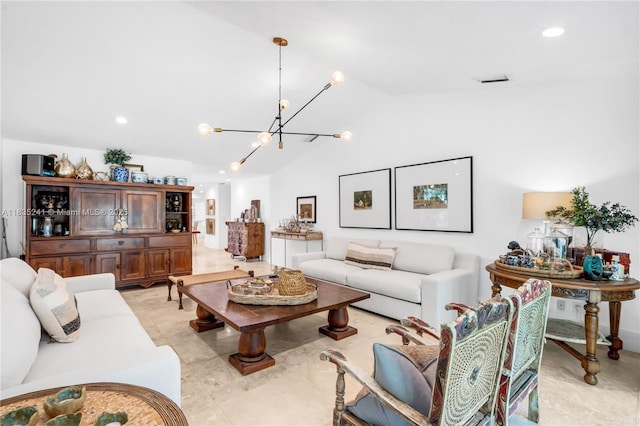 10821 SW 92nd Ave, Miami, FL 33176 - living room with a chandelier, recessed lighting, and vaulted ceiling