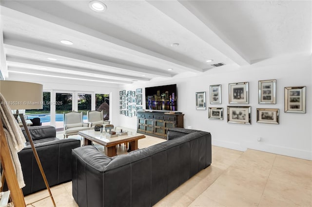 10821 SW 92nd Ave, Miami, FL 33176 - living area featuring beamed ceiling, french doors, recessed lighting, and light tile patterned floors