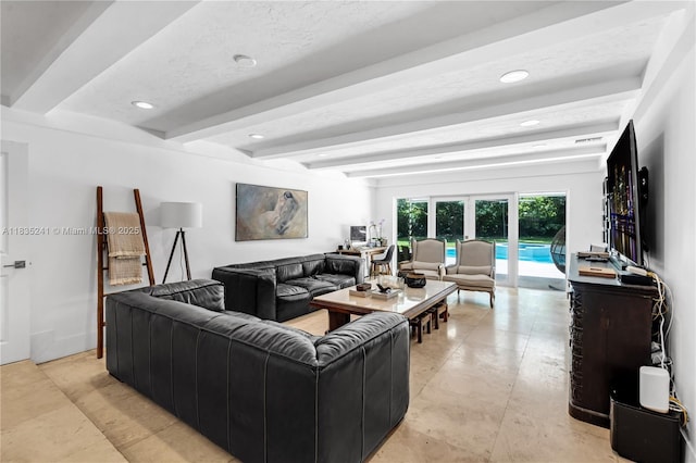 10821 SW 92nd Ave, Miami, FL 33176 - living area featuring french doors, beamed ceiling, and recessed lighting