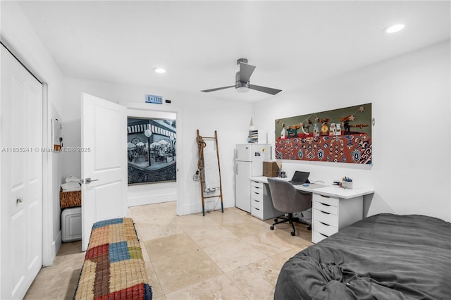 10821 SW 92nd Ave, Miami, FL 33176 - bedroom with freestanding refrigerator, recessed lighting, a desk, light tile patterned floors, and a ceiling fan