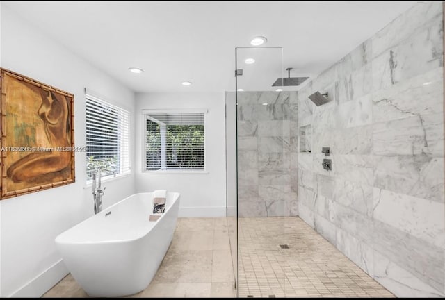 10821 SW 92nd Ave, Miami, FL 33176 - bathroom with a marble finish shower, a freestanding bath, and recessed lighting
