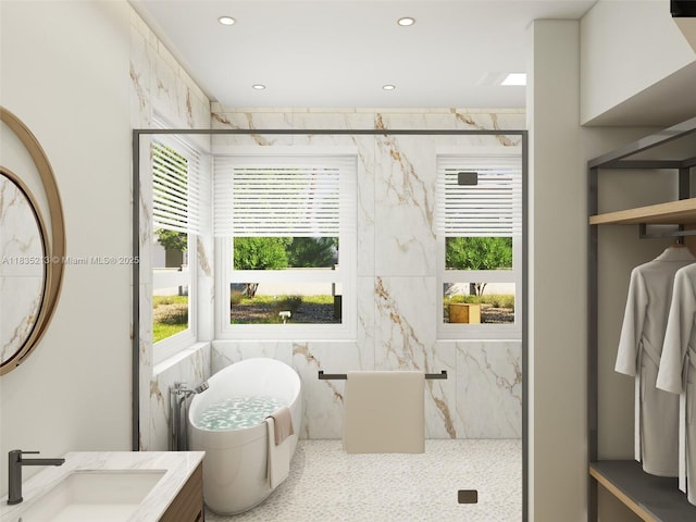 531 Stonemont Dr, Weston, FL 33326 - bathroom with a marble finish shower, a soaking tub, plenty of natural light, vanity, and recessed lighting