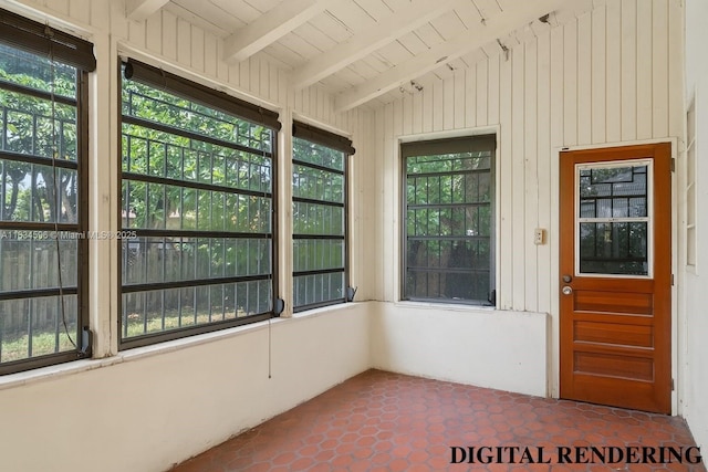 2025 SW 19th St, Miami, FL 33145 - unfurnished sunroom with plenty of natural light, tile patterned flooring, wooden walls, and wood ceiling