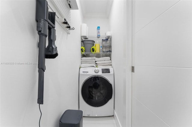 2485 SW 19th Ter, Miami, FL 33145 - laundry room featuring washer / clothes dryer, ornamental molding, and tile patterned flooring