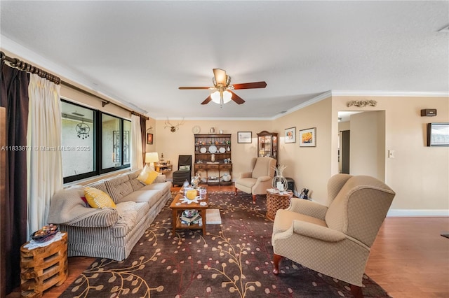 11193 SW 113th Ter, Miami, FL 33176 - living room featuring ceiling fan, wood finished floors, and ornamental molding