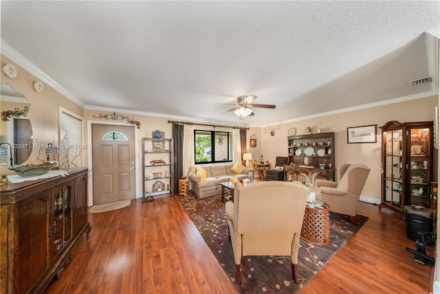 11193 SW 113th Ter, Miami, FL 33176 - living area featuring a ceiling fan, wood finished floors, a textured ceiling, and ornamental molding