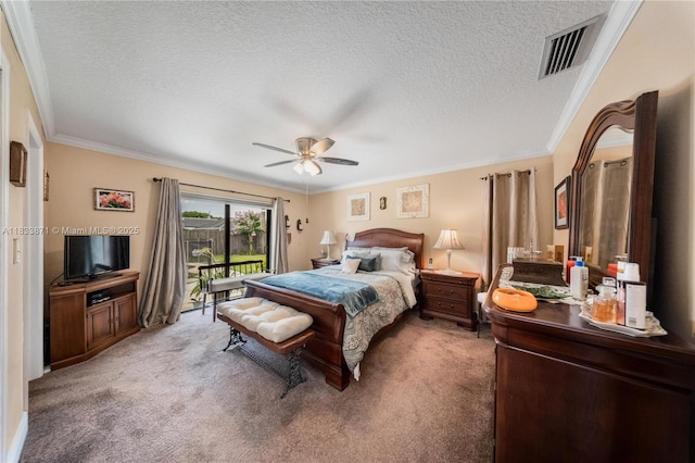 11193 SW 113th Ter, Miami, FL 33176 - bedroom with access to outside, light carpet, crown molding, a textured ceiling, and ceiling fan