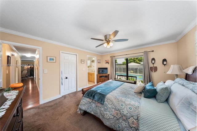 11193 SW 113th Ter, Miami, FL 33176 - bedroom with ornamental molding, access to exterior, carpet, ensuite bathroom, and a ceiling fan