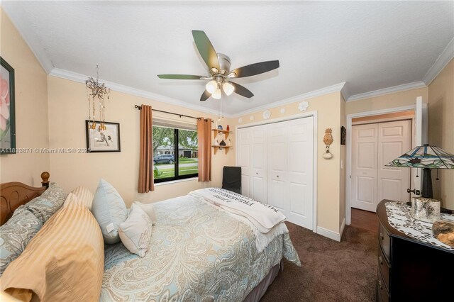 11193 SW 113th Ter, Miami, FL 33176 - bedroom with dark carpet, crown molding, a closet, and ceiling fan
