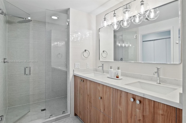90 SW 3rd St Unit 3810, Miami, FL 33130 - full bathroom featuring a stall shower, double vanity, and a chandelier