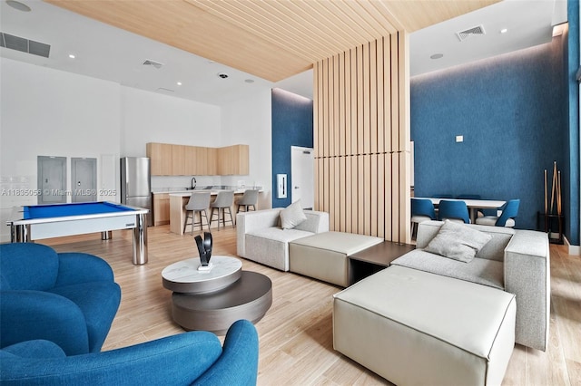 90 SW 3rd St Unit 3810, Miami, FL 33130 - living area featuring light wood finished floors, pool table, and a high ceiling