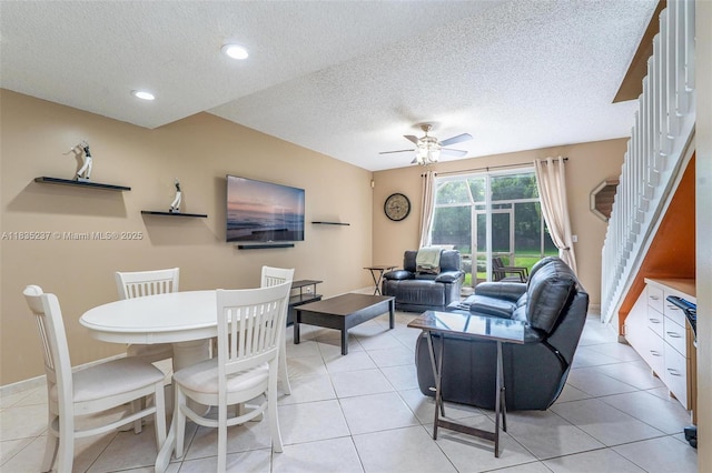 1528 Veracruz Ln Unit 4-3, Weston, FL 33327 - living room featuring a textured ceiling, a ceiling fan, recessed lighting, and light tile patterned flooring