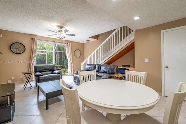 1528 Veracruz Ln Unit 4-3, Weston, FL 33327 - dining room with a textured ceiling, ceiling fan, stairs, light tile patterned floors, and recessed lighting