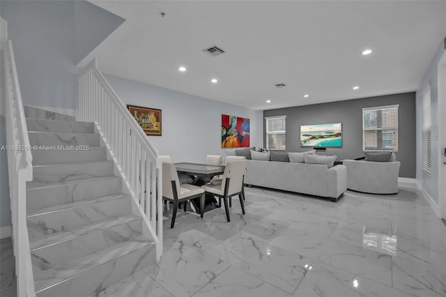 14646 SW 13th St, Pembroke Pines, FL 33027 - living area featuring stairs, recessed lighting, and light marble finish flooring