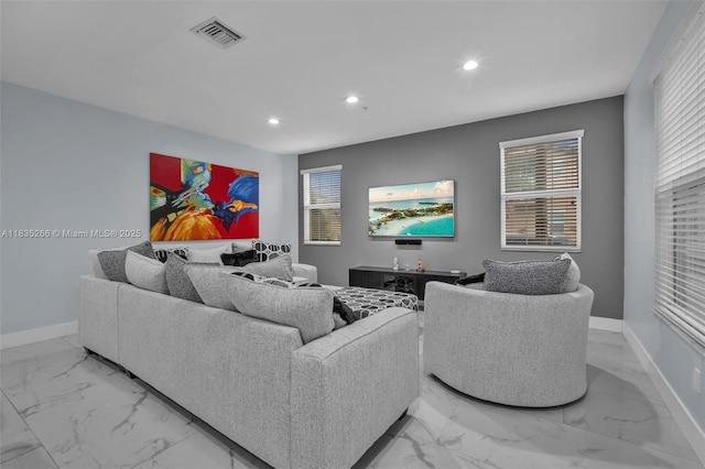 14646 SW 13th St, Pembroke Pines, FL 33027 - living area with light marble finish floors, recessed lighting, and plenty of natural light