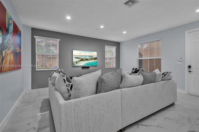 14646 SW 13th St, Pembroke Pines, FL 33027 - living room with light marble finish flooring, recessed lighting, and healthy amount of natural light