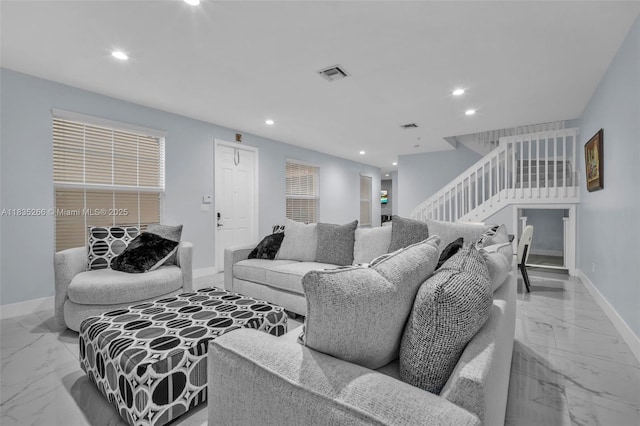 14646 SW 13th St, Pembroke Pines, FL 33027 - living area featuring marble finish floors, stairway, and recessed lighting