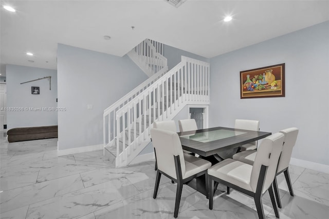 14646 SW 13th St, Pembroke Pines, FL 33027 - dining room featuring stairway, light marble finish flooring, and recessed lighting