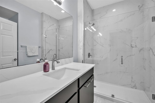 14646 SW 13th St, Pembroke Pines, FL 33027 - full bath with vanity, a marble finish shower, marble look tiles, and recessed lighting