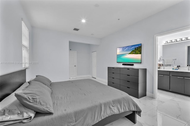 14646 SW 13th St, Pembroke Pines, FL 33027 - bedroom with light marble finish flooring, connected bathroom, and recessed lighting