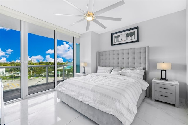 888 Biscayne Blvd Unit 411, Miami, FL 33132 - bedroom with access to outside, expansive windows, light marble finish floors, and ceiling fan