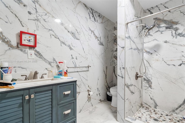 1100 NW 151st St, Miami, FL 33169 - bathroom featuring a marble finish shower, vanity, and stone wall