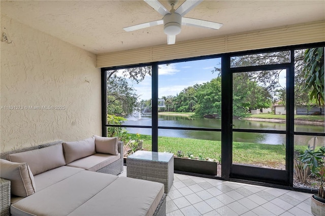 1706 Hammock Blvd Unit 110, Coconut Creek, FL 33063 - sunroom / solarium featuring a water view, a ceiling fan, and an outdoor living space