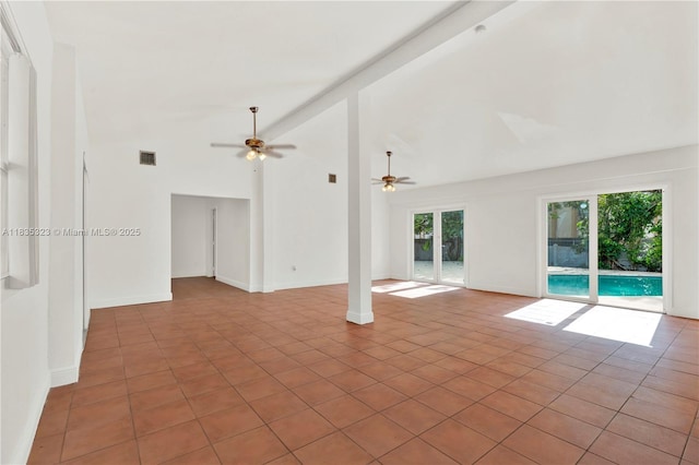 15831 Palmetto Club Dr, Miami, FL 33157 - unfurnished living room with a ceiling fan, high vaulted ceiling, and tile patterned flooring
