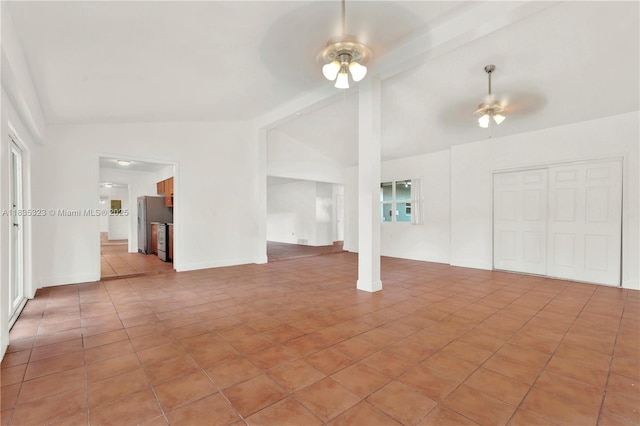 15831 Palmetto Club Dr, Miami, FL 33157 - unfurnished living room with vaulted ceiling, ceiling fan, and light tile patterned flooring