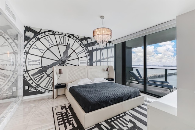 3131 NE 7th Ave Unit 4001, Miami, FL 33137 - bedroom with a water view, access to outside, floor to ceiling windows, and a chandelier