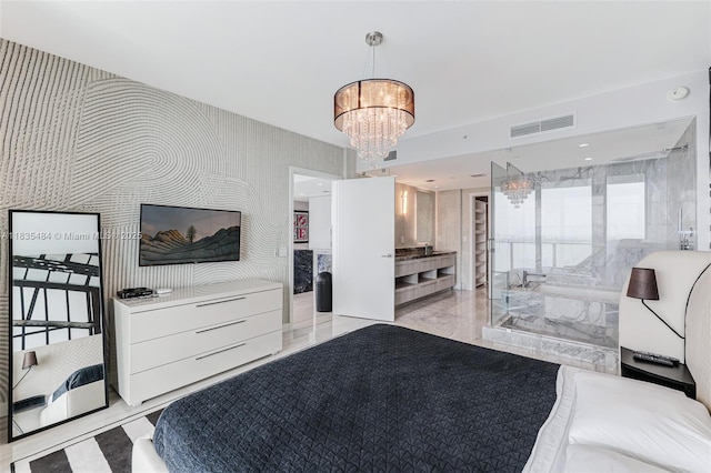 3131 NE 7th Ave Unit 4001, Miami, FL 33137 - bedroom featuring a chandelier and light marble finish floors