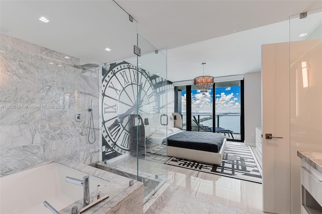 3131 NE 7th Ave Unit 4001, Miami, FL 33137 - full bath with a marble finish shower, a garden tub, a chandelier, and a wall of windows