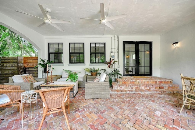 135 NE 87th St, El Portal, FL 33138 - view of patio / terrace featuring a ceiling fan, an outdoor hangout area, and french doors