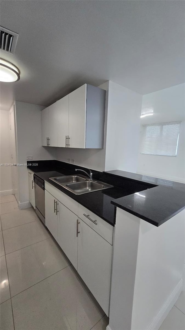 1871 NW S River Dr Unit 1506, Miami, FL 33125 - kitchen featuring dishwasher, dark countertops, light tile patterned floors, and white cabinetry