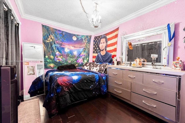 1890 W 56th St Unit 1411, Hialeah, FL 33012 - bedroom featuring ornamental molding, dark wood finished floors, a textured ceiling, and a chandelier