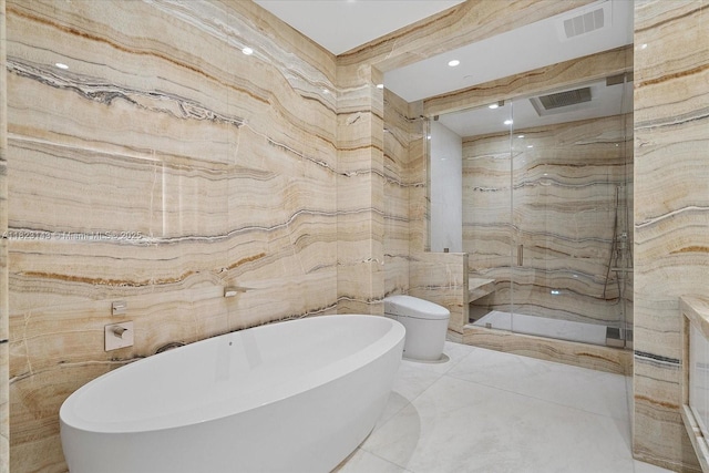 17901 S Collins Ave Unit 1506, Sunny Isles Beach, FL 33160 - full bath featuring a marble finish shower, a freestanding bath, marble tiled flooring, and recessed lighting